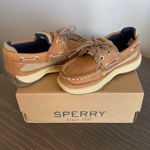 Toddler boy Sperry shoes. Tan/navy. 7M